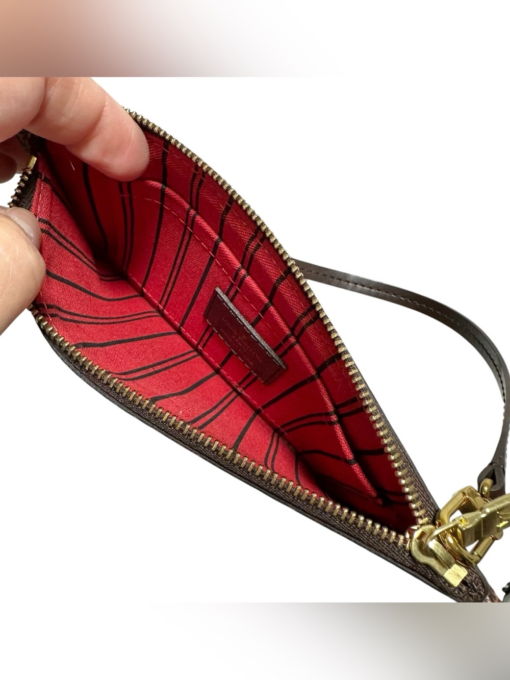 Louis Vuitton Damier Ebene Canvas & Leather Wristlet with Red Interior - Picture 4 of 14
